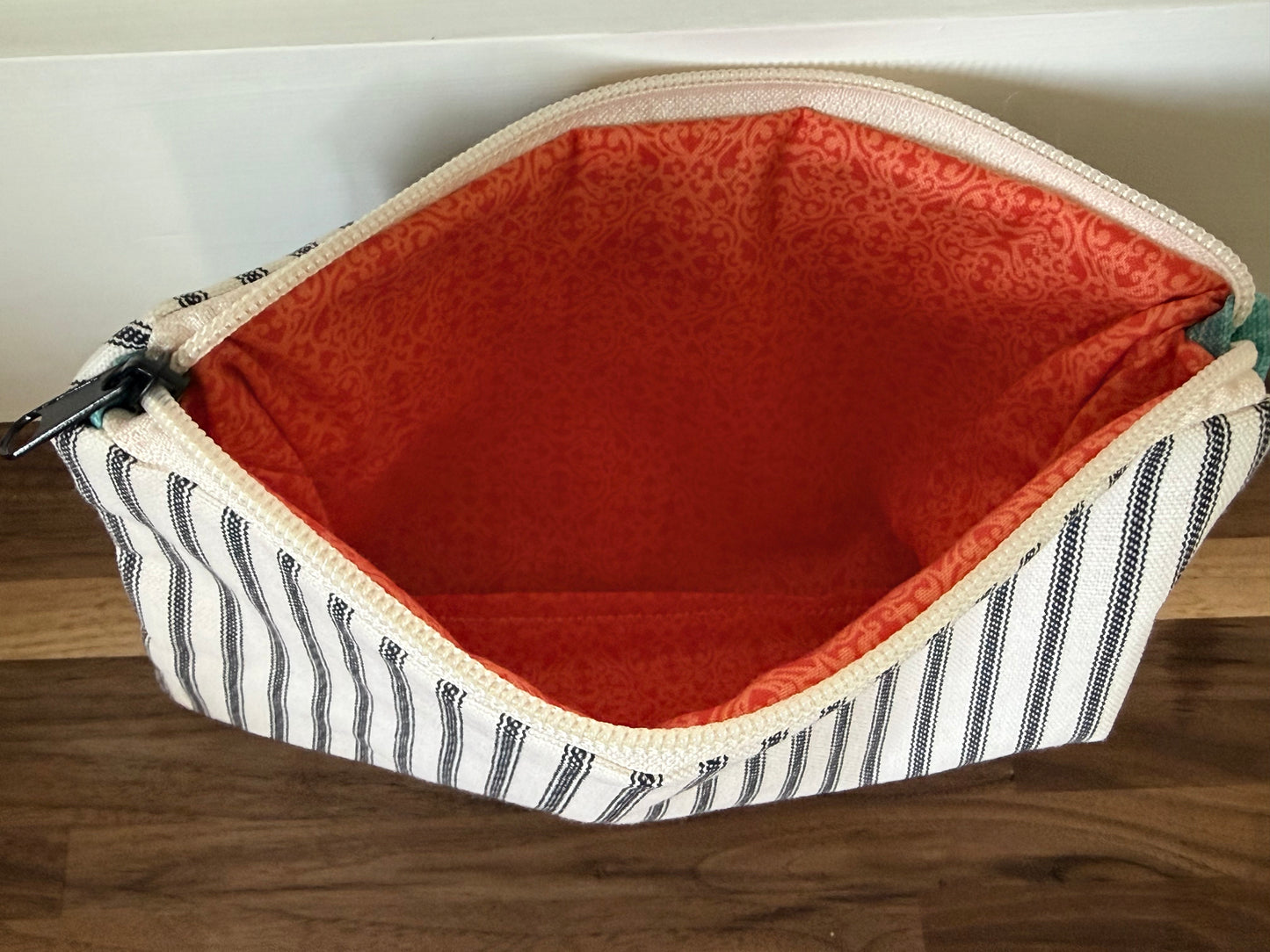 Medium Zipper Pouch--Ticking with Orange Lining