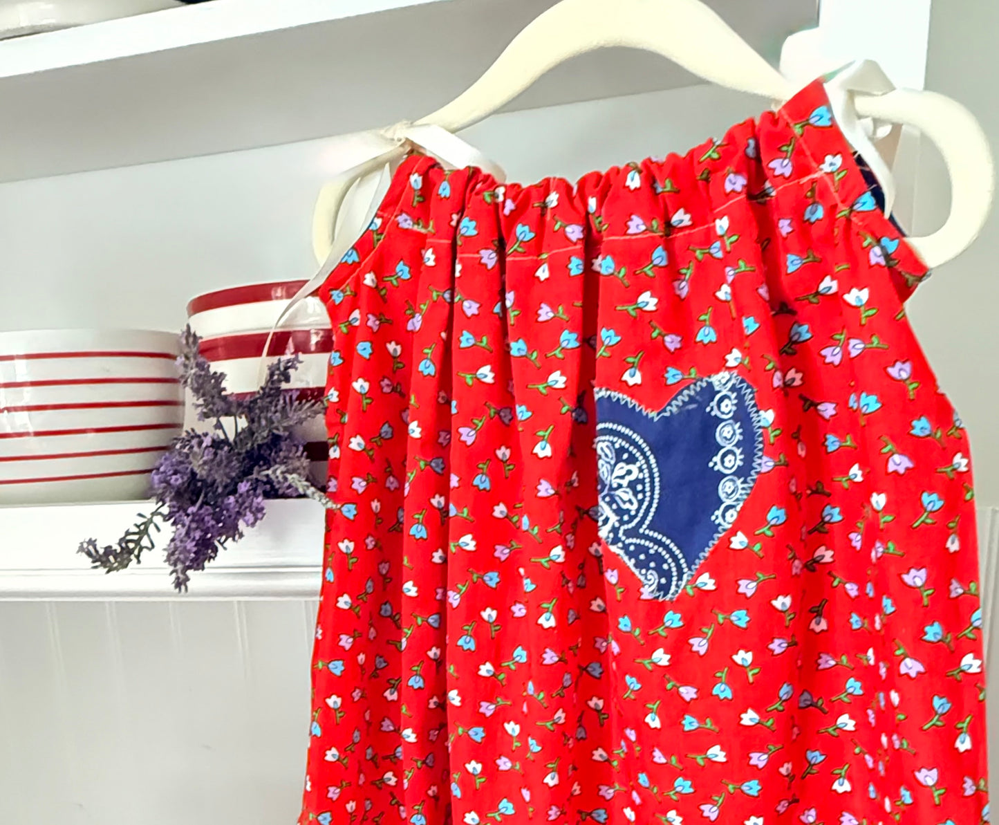 Red Calico with Blue Heart Pillowcase Dress