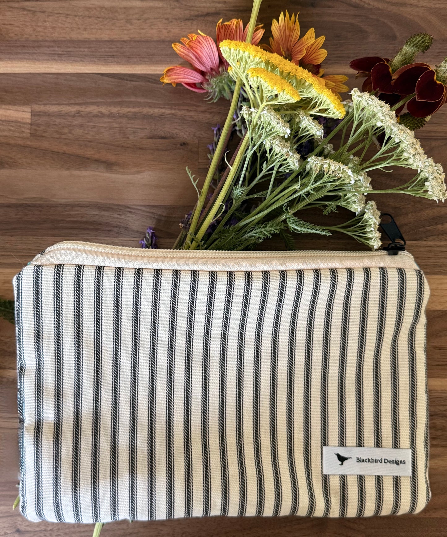 Medium Zipper Pouch--Ticking with Orange Lining