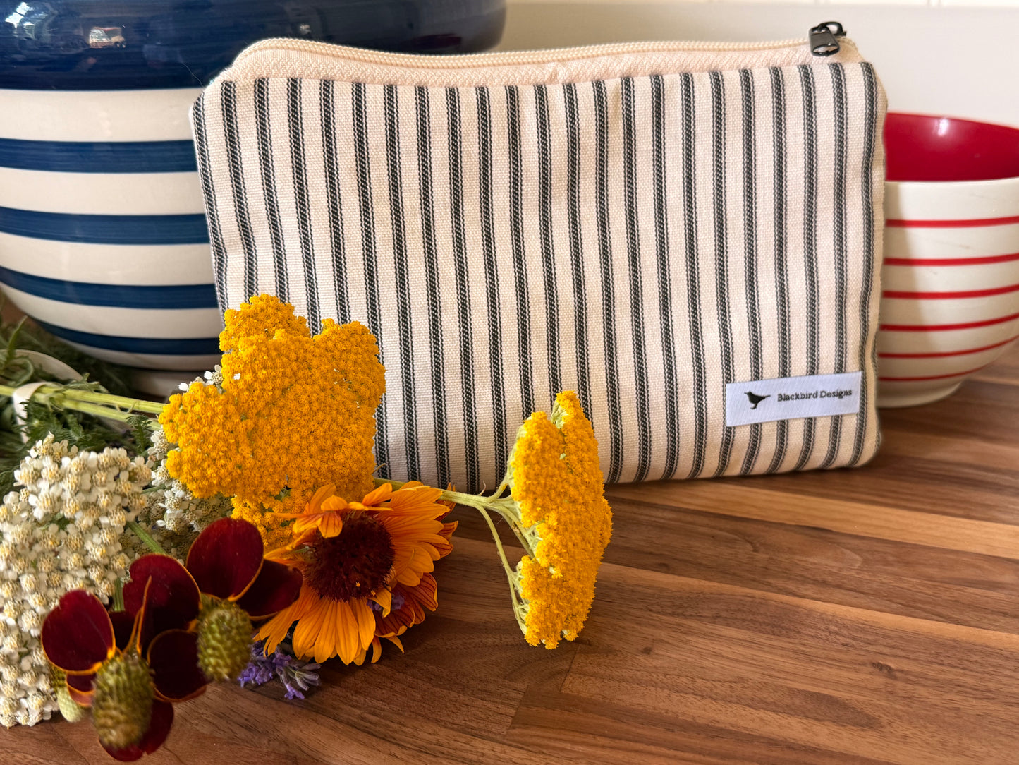 Medium Zipper Pouch--Ticking with Orange Lining