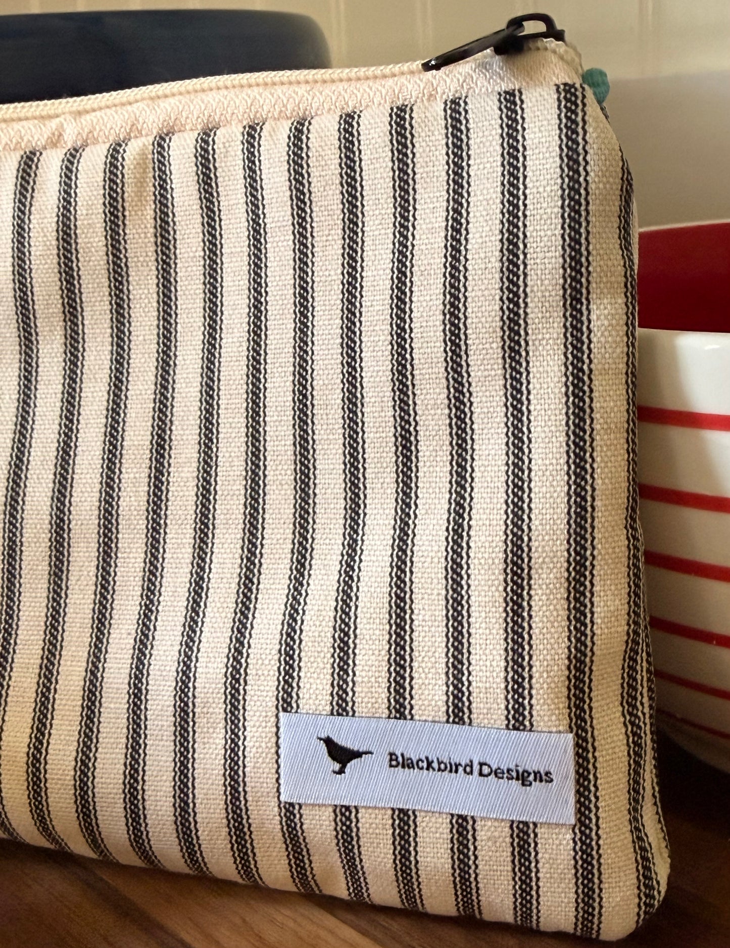 Medium Zipper Pouch--Ticking with Orange Lining