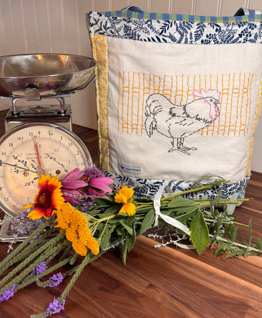 Rooster Market Tote — Embroidered Reclaimed Quilt