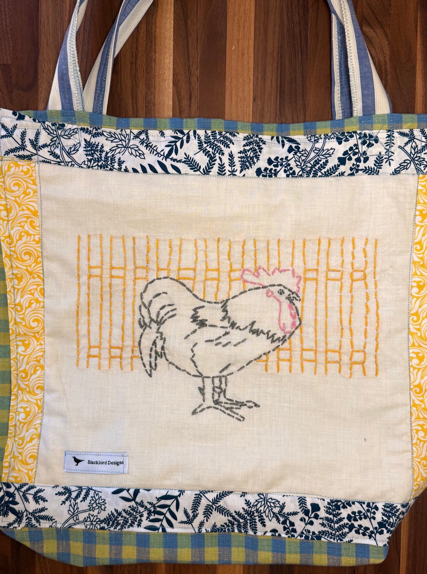Rooster Market Tote — Embroidered Reclaimed Quilt