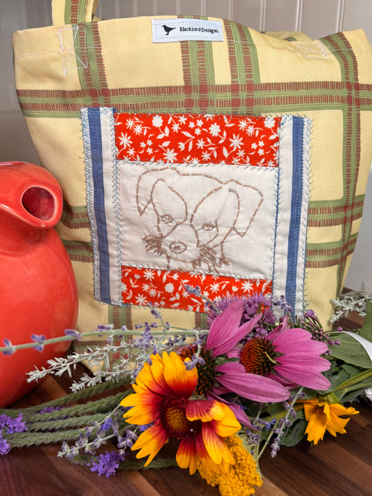 Puppy Dog Market Tote — Embroidered Plaid Quilt Square
