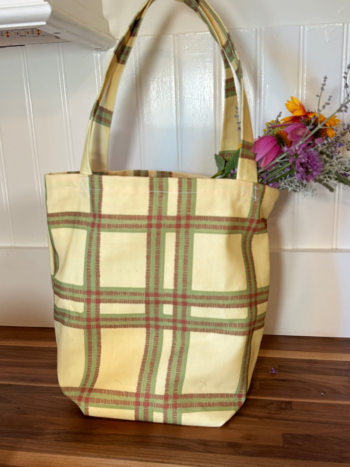 Puppy Dog Market Tote — Embroidered Plaid Quilt Square