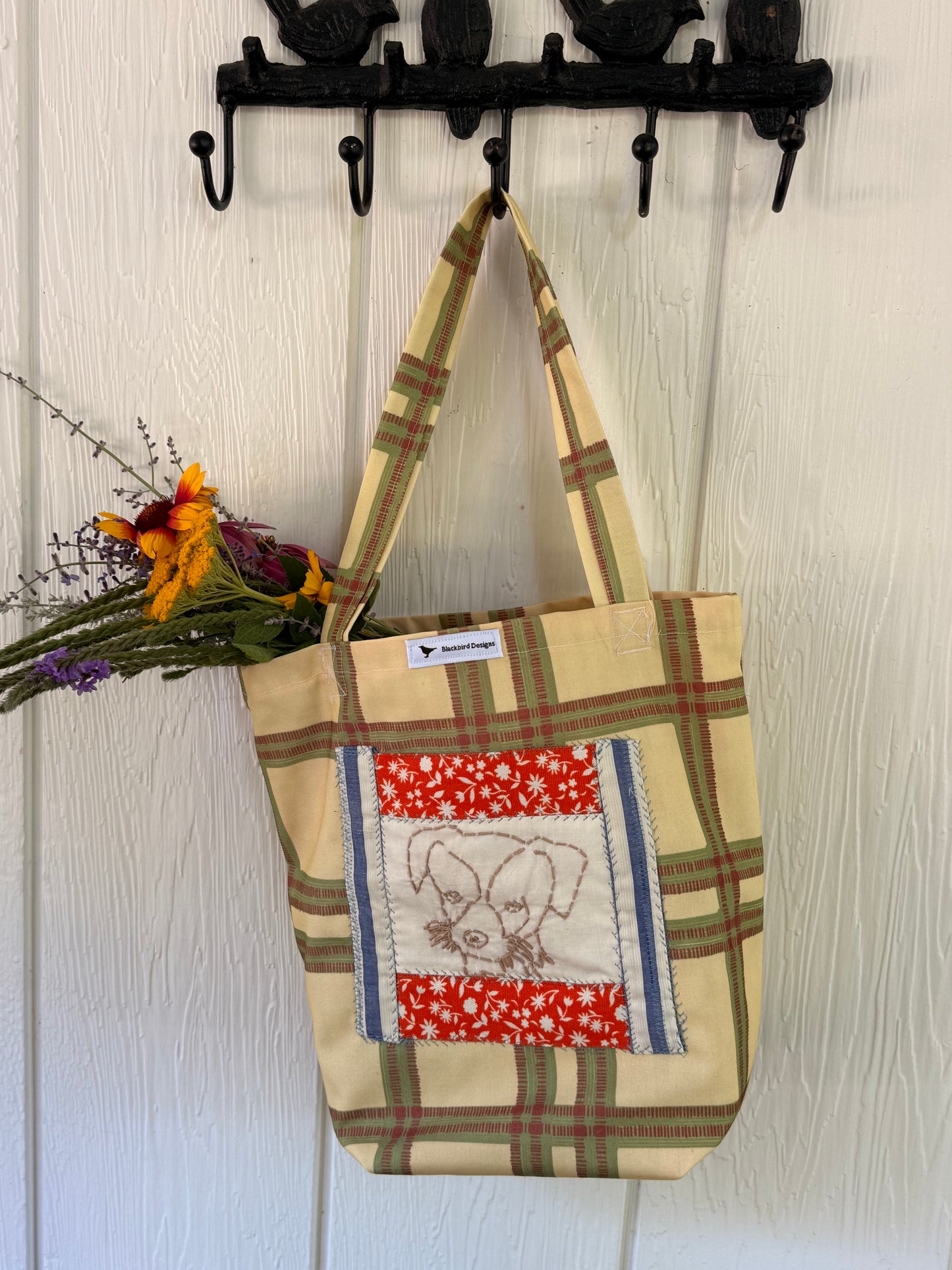 Puppy Dog Market Tote — Embroidered Plaid Quilt Square