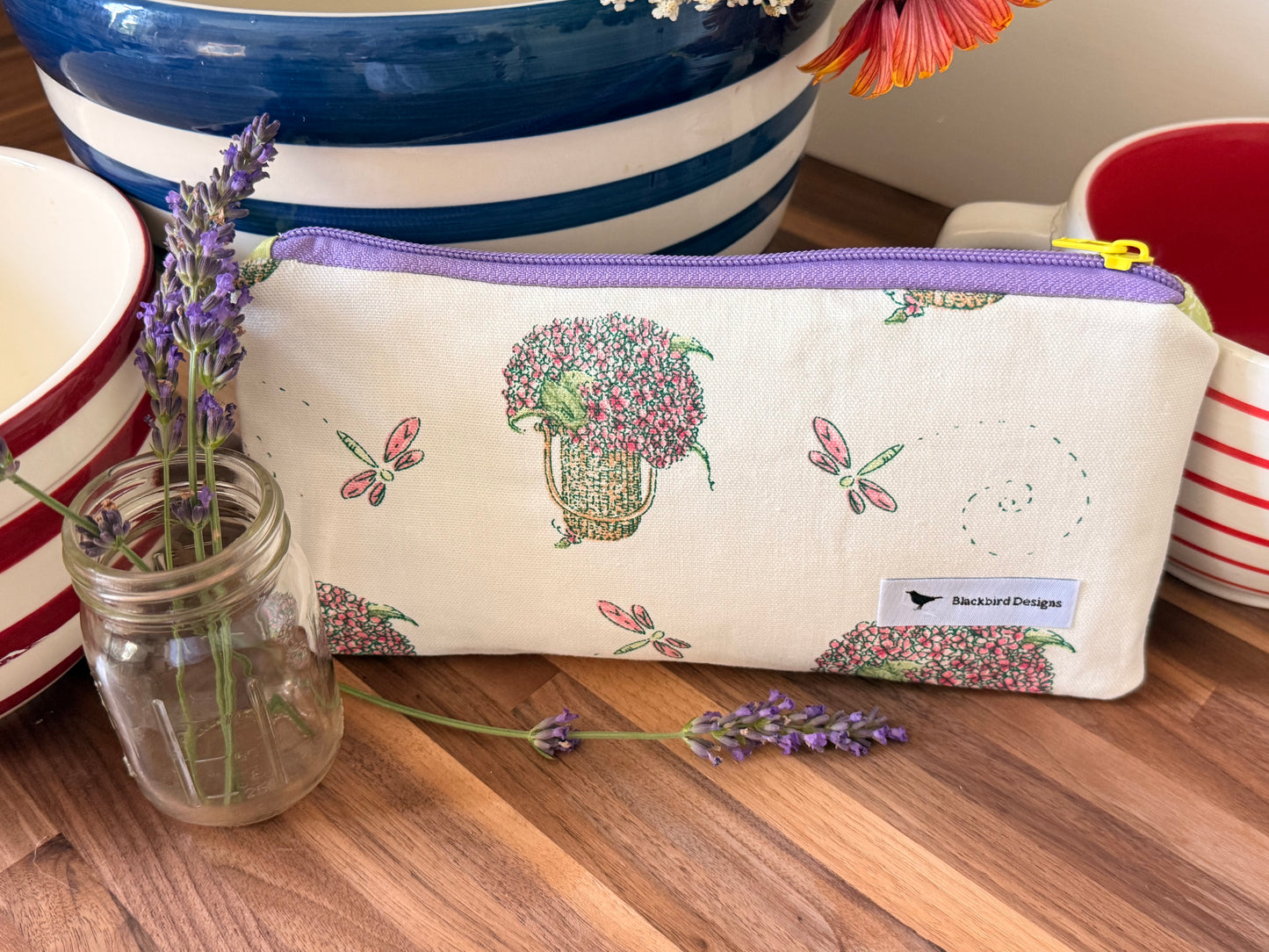 Small Hydrangea and Dragonflies Zipper Pouch
