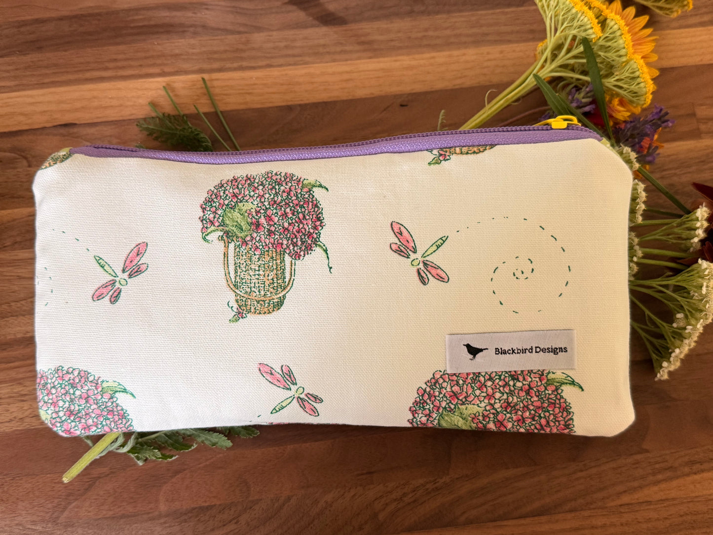 Small Hydrangea and Dragonflies Zipper Pouch
