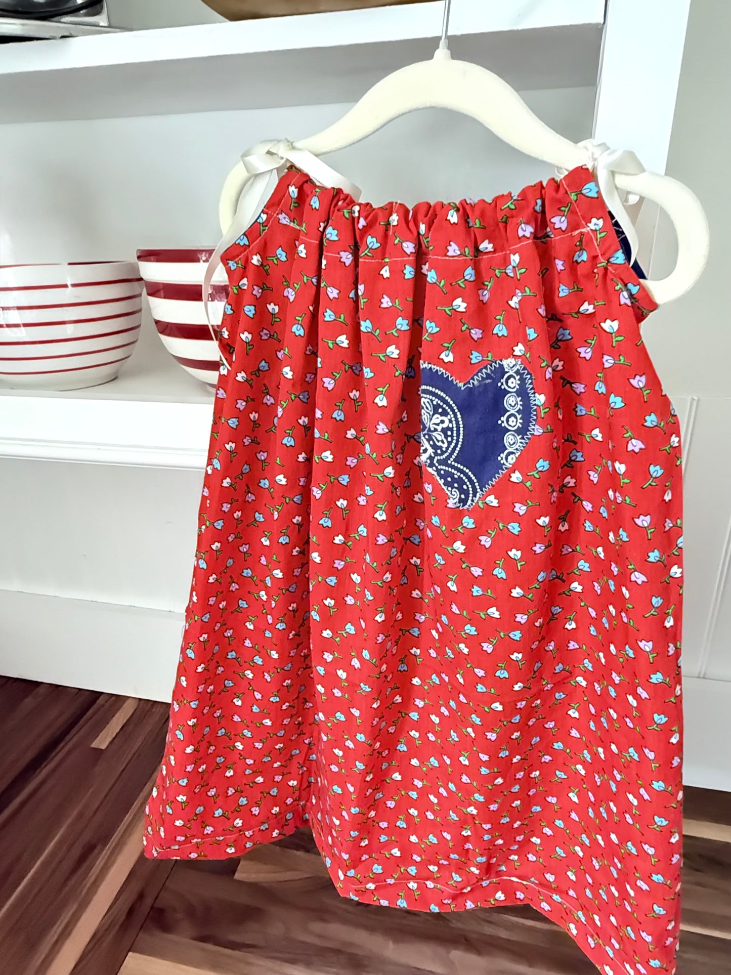 Red Calico with Blue Heart Pillowcase Dress