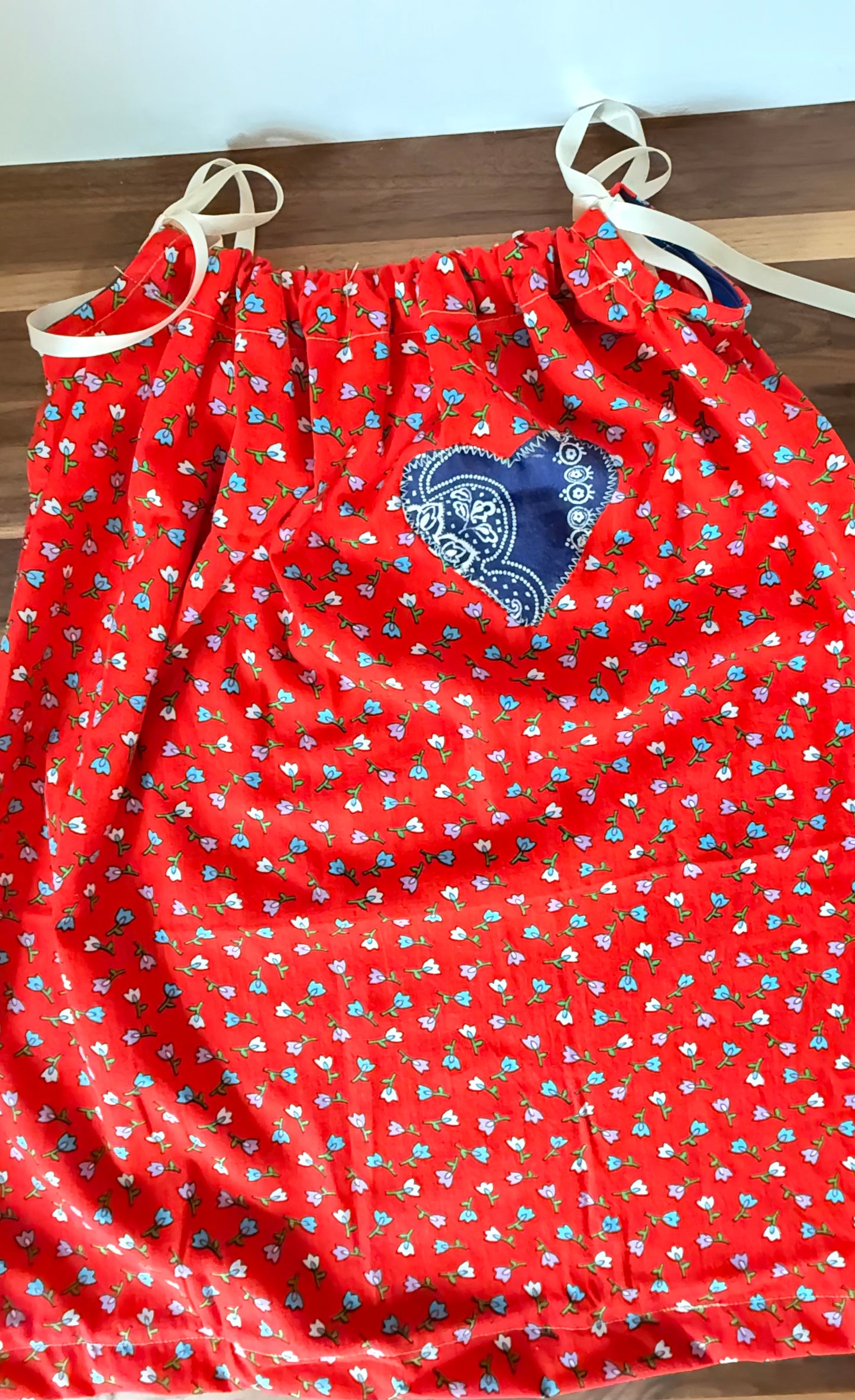 Red Calico with Blue Heart Pillowcase Dress